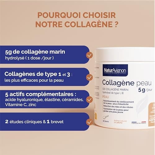 Laboratoire NaturAvignon Collagene marin hydrolysé type 1&3 | Beauté de la peau, rides, hydratation | Collagene et acide hyaluronique | collagene marin poudre 5g par portion | Fabriqué en France 210g