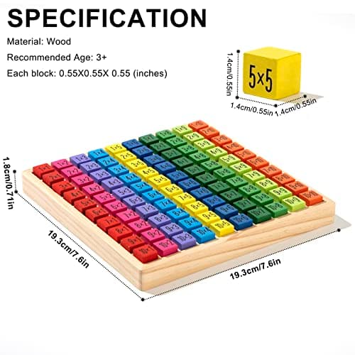 Wisplye Table de Multiplication en Bois, Couleurs Jeu d'exercices de Multiplication Mathématique Montessori Jouets Éducatifs Cadeau pour Les élèves du Primaire et Les Enfants de 3+ Ans