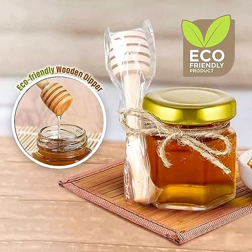 HO2 HOME PARIS® Lot de 50 mini pots à miel en verre avec couvercle, louches en bois, couvercles dorés, pendentifs abeille, jute,sacs cadeaux dorés/pots à miel cadeau invites mariage/kit apiculture