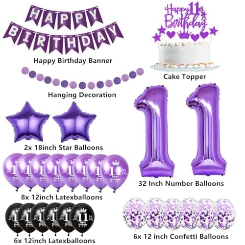Décoration fête 11 ans violet, Décoration 11 anniversaire fille violet, Ballon 11 anniversaire violet, Décoration gâteau anniversaire 11 ans, Ballons 11 ans fille anniversaire violet noir