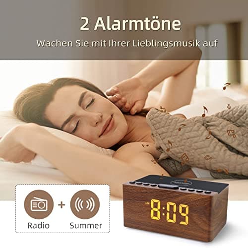 Radio Réveil Numérique en Bois avec Radio FM,Station de Charge sans fil Rapide Pour iPhone/Samsung Galaxy,Alarm Clock et Affichage LED,Variateur à 5 Niveaux,Port USB,Minuterie de Sommeil, Marron