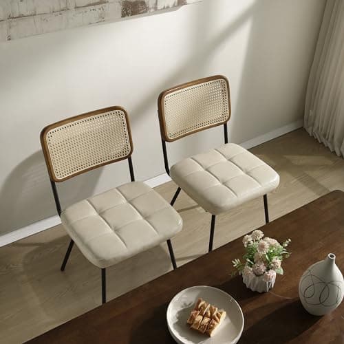 Zouron Chaises de Salle à Manger en rotin Lot de 2,Chaise de Salle à Manger Moderne du Milieu du siècle avec Pieds en métal,Chaise de Cuisine avec Dossier en rotin,Chaise en Cuir rembourré,Beige