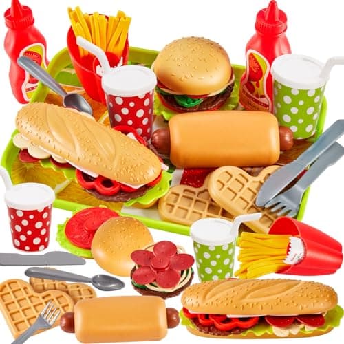 BUYGER Hamburgers Jouet Démontable pour Enfants | Accessoires Cuisine Enfant avec Plateau, Jeu d'Imitation et Éducatif pour Cuisine Dinette, Cadeau Fille Garçon 3 4 5 Ans