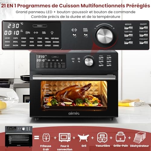 Oimis Friteuse à Air Chaud Sans Huile Four 30L,Gris, 1800W avec 21 Programmes Prédéfinis, Rôtissoire,Déshydrateur, 6 Accessoires, Recettes(NO Panier Rotatif)