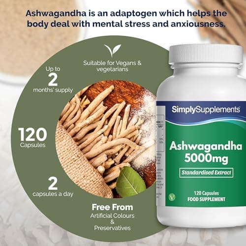 Ashwagandha 5000mg avec Vitamine B6 & B12 | 25mg de Withanolide | Réduit la fatigue | 120 Gélules = 2 Mois de Bienfaits | Adapté aux Végétariens & Végétaliens