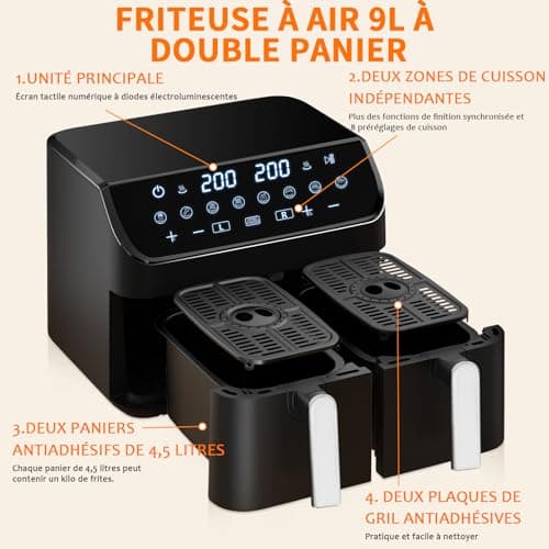 YASHE Dual Zone Air Fryer, 9L Friteuse Sans Huile avec 2 Tiroirs, 8-en-1 Programmes de Cuisson Écran Tactile Friteuse Air Fryer, Fonctions Match Cook & Smart Finish Friteuse Air Chaud
