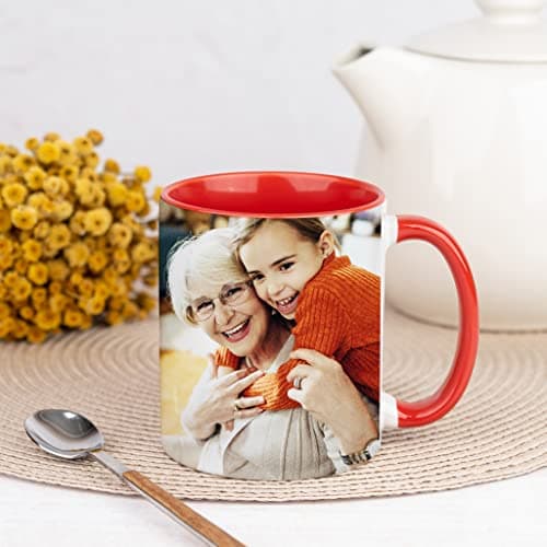 Wanapix | Tasse Personnalisée avec Photo et Texte | Tasse à Café Personnalisable | Céramique Mug | Cadeau Original | Va au micro-ondes | 325ml | Intérieur et Poignée Rouge