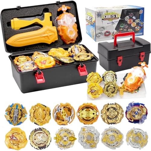 3T6B 12 Nouvelles Toupie avec 2 Lanceur Burst Turbo Jouet Arena,Gyro Pocket Box Pro (d'or)