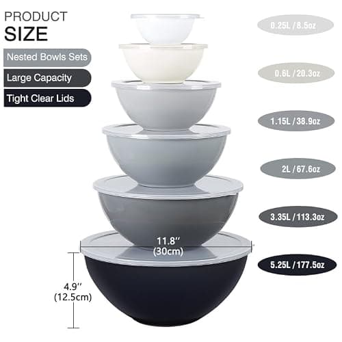 Greentainer Lot de 12 bols mélangeurs colorés en plastique avec couvercles, bols gigognes avec couvercles, 6 bols de préparation et 6 couvercles, passent au micro-ondes et au congélateur(Gris)