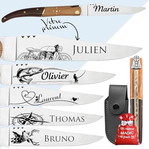 KDO MAGIC - Couteau pliant laguiole le rustique personnalisé - Lame gravée avec un prénom - Modèle classique - Cadeau pour Homme, Fête des pères, Papa (Couteau)