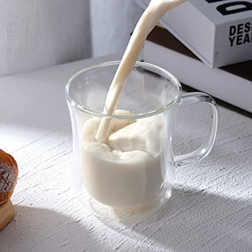 Lot de 2 Verres à Double Paroi 250ml - Verres à Cappuccino avec Poignée - Tasse à Café en Verre Borosilicate pour Thé, Lattes, Jus et Eau - Cuillères en Verre Incluses