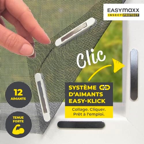 EASYmaxx Moustiquaire de fenêtre avec Magic Click | Peut être découpée individuellement pour toutes les fenêtres jusqu'à 150 x 130 cm | Montage avec 12 aimants - pas de perçage ni de vissage [Noir]