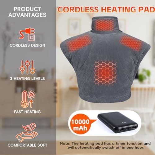Arlierss Graphène Coussin Chauffant pour Cou et Dos avec Batterie 10000mAh, Coussin Chauffant Électrique Avec 3 Niveaux Réglage Température, Fonction D'arrêt Automatique pour Soulager la Douleur