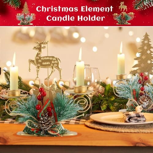 SilverChry Bougeoirs de Noël Bougeoirs Candélabres en Métal Chandelier avec Elk Arbre de Noël, Pommes de Pin et Baies Rouges, Décoration Centre de Table Fête Noël pour Maison,Cheminée,dîner,Avent (ML)