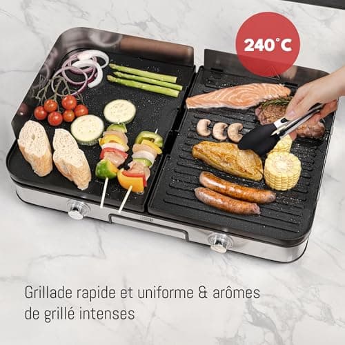 LEBENLANG 2400W Plancha électrique - Avec pince à barbecue & Protection contre les éclaboussures I Pour intérieur & exterieur I Plancha grill electrique Inox Plancha electrique Grills électriques XXL