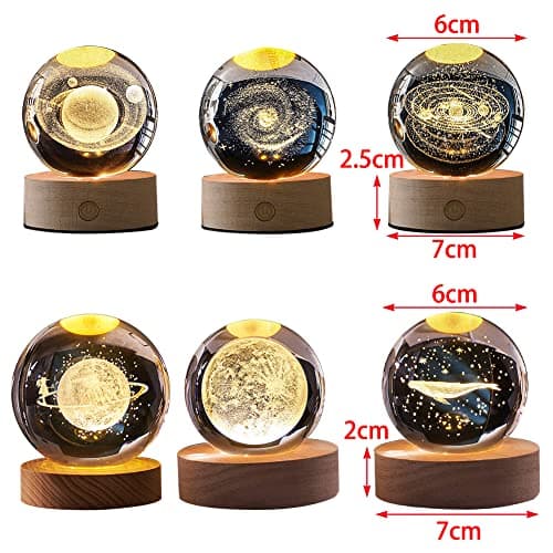 JAWSEU Veilleuse Boule de Cristal 3D USB, Lampe LED Sur Base en Bois Massif Pour Chambre et Bureau - Décoration et Ornement