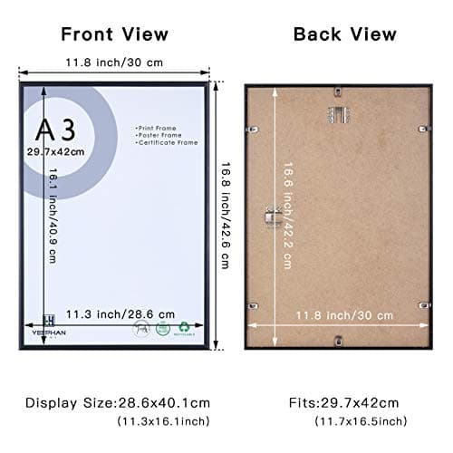 YEEPHAN Cadres pour photos A3,cadres pour certificats,cadres pour posters - Cadres pour photos en métal aluminium noir 29,7x42 cm avec façade en Plastic glass pour montage mural,lot de 3 noirs