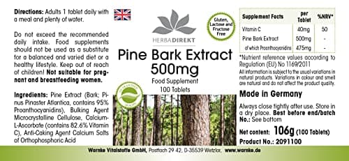 Extrait d'écorce de pin 500mg - hautement dosé - vegan - 100 comprimés - avec vitamine C | Warnke Vitalstoffe - Qualité des pharmacies allemandes
