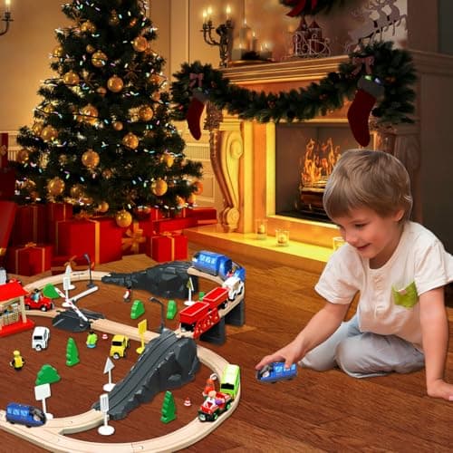 Sweetone Train de locomotives à Piles(Connexion Magnétique), Train Electrique Enfant, Train en Bois Compatible avec Thomas, Brio, Chuggington, Jouet pour Tout-Petits pour dès 3 Ans
