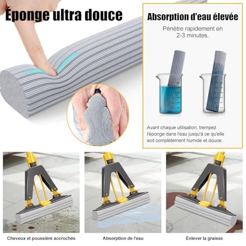 Myiosus Balai Eponge avec Essorage, Balai Serpillere avec 3 éponge PVA absorbante et Réutilisables, Poignée Réglable de 130 cm, Vadrouille éponge pour Nettoyage de Sol