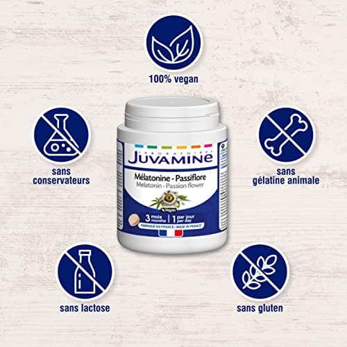 JUVAMINE - Mélatonine Passiflore - Sommeil 3 Actions : Détente, Endormissement Facilité et Sommeil Réparateur - 90 Comprimés - Format 3 Mois - Fabriqué en France
