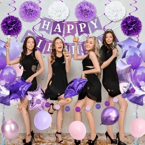 Décorations d'anniversaire violettes pour femmes et filles, bannière d'anniversaire violette, ballons à pompon, décorations d'anniversaire avec guirlande, kit de ballons violets pour la fête