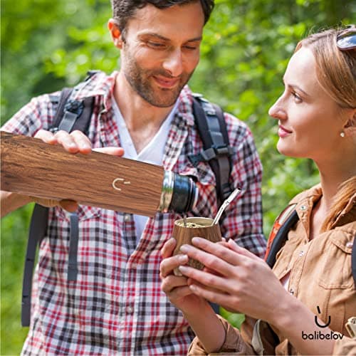 BALIBETOV Ensemble complet de Yerba Mate - Modern Mate Gourd, Thermos, Bombilla et Brosse de Nettoyage Inclus - Tous en Acier Inoxydable 304 18/8 de Qualité Supérieure (Bois)