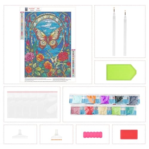 AIRDEA Vitrail Rose Papillon Peinture Diamant, 5D DIY Broderie Diamant Painting Kit Complet, Artisanat Strass Point de Croix Painting pour Adultes debutant, Murale Décoration 30x40cm