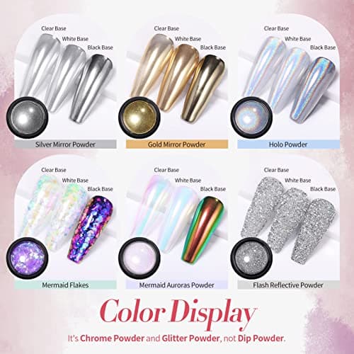 6 BoîTe Poudre Ongles, BORN PRETTY Holographie Perles Chrome Ongle Nail Art Poudre Effet Miroir MéTallique Brillant Nail Powders Chromé Pigment Avec Paillettes Pou La DéCoration D'Art D'Ongle