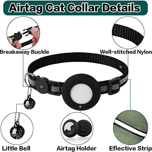 Collier Chat Airtag, Collier pour Chat Anti-étranglement avec Protecteur Airtag et Cloche, pour Toutes Les Tailles de Chats, Large de 1 Centimètres et Léger (Noir)
