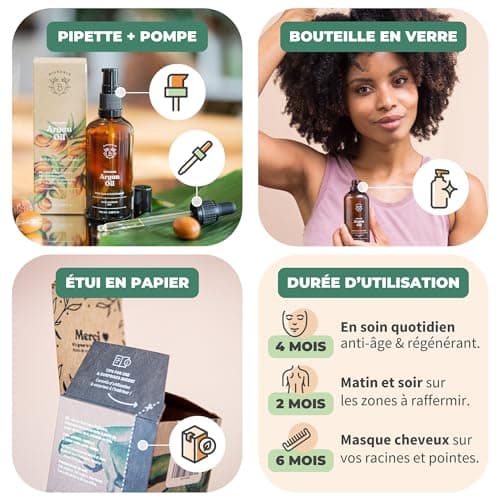 Bionoble Huile d'Argan Bio 100ml + Pipette et Pompe - Bouteille en Verre - 100% Pure, Naturelle, Pressée à Froid - Huile Argan Cheveux Visage Corps - Pure Organic Argan Oil, Huile dArgan Cheveux