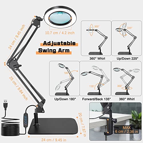 Jubor 2 en 1 Lampe de Bureau Loupe, 15X 10X Loupe avec Lumière et Support, Lampe Loupe LED avec Bras Pivotant, Lampe de Bureau avec 3 Modes de Couleurs Réglables pour Lecture, Réparation, Artisanat