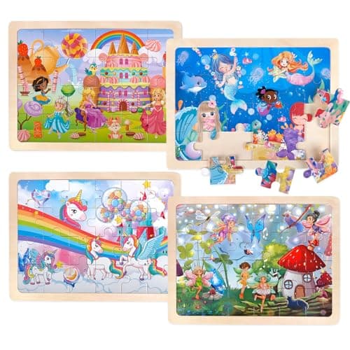 Puzzle en Bois La Licorne Sirène Princesse Fée pour 3 4 5 6 Ans, Puzzle Enfant 4×24 Pièces, Jouet Educatif Préscolaire, Montessori Cadeaux Enfant de 3 à 8 Ans Garçons Filles