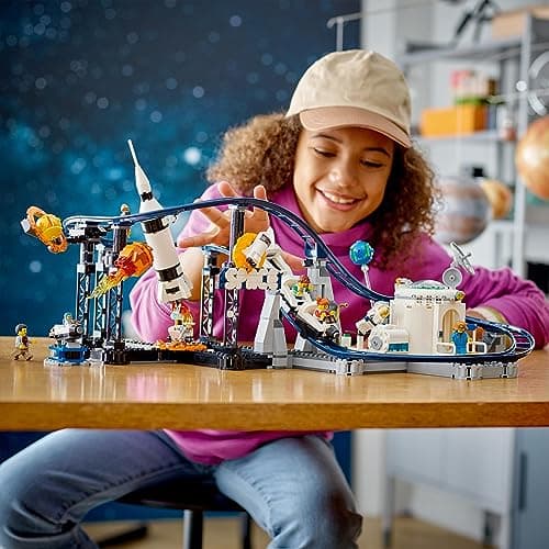 LEGO 31142 Creator Les Montagnes Russes de l’Espace, avec Tour de Chute Libre, Maquette de Manège, Jouet de Construction avec Fusée Spatiale, Planètes et Briques