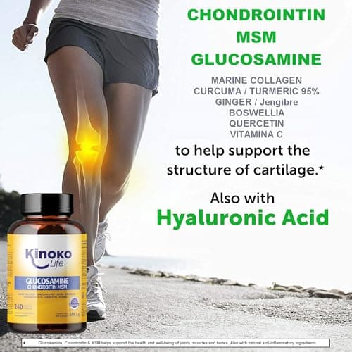 Glucosamine et Chondroïtine 240 gélules avec MSM, collagène marin, acide hyaluronique, curcuma, poivre noir, gingembre, boswellia et quercétine pour articulations, cartilage, os