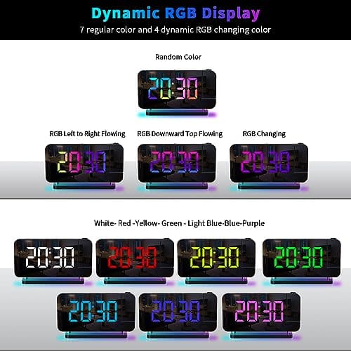 ThreeH Réveil Arc-en-Ciel Numérique Réveil à Projection Grand écran LED Miroir Veilleuse Colorée Double Ports Charge USB Fonction Snooze Dimming Volume Ajustable Noir