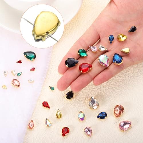 QUARKZMAN 20pcs Strass à Coudre Forme Larme - 14x10mm Plat Dos Verre Cristal en Or Broche Réglage pour Artisanat, DIY Bijoux, Vêtements Décorations (AB Couleur)