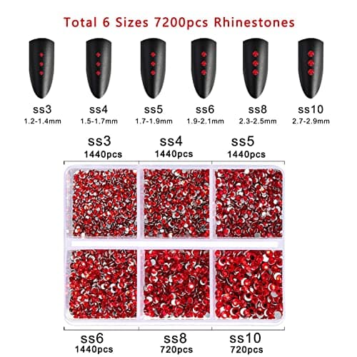 Beadsland 7200 pièces Strass pour ongles nail art,strass cristal rouges pour visage et l'artisanat,Mélange de 6 tailles avec kit de crayons de cire,SS3-SS10,Siam Clair