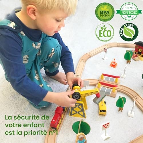 Tiny Land 55 Pcs Circuit Train en Bois, Train Enfant with Grue, Train et Piste Compatible avec Brio Compatible avec Thomas et Grandes Marques Mainstream, Train Jouet pour Enfants 2~5 Ans