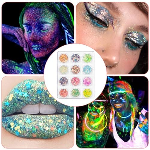 12 Couleurs Paillettes Visage Gel Festival Briller Dans L'obscurité Fluorescent Festival Accessoire pour Visage Yeu Paillettes Corps pour Masquerade Maquillage Quotidien Musique Halloween Christmas