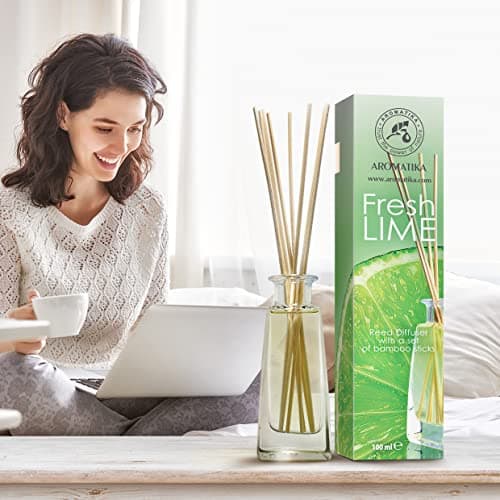 Diffuseur Parfum de Citron Vert 100ml - avec Huile Essentielle Naturelle de Lime avec 10 Bâtonnets de Bambou - Idéal pour Aromathérapie - Spa - Maison - Fragrance Fraîche et Durable