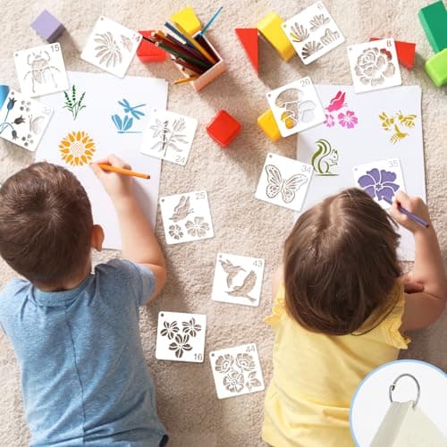 JSRQT 64 Pièces Petits Pochoirs pour Peinture, Modèles de Pochoirs à Thème Nature Fleur Papillon Oiseau, Pochoirs Dessin Peinture Réutilisables en Plastique pour DIY Scrapbook Bois Wall Decor, 3’’