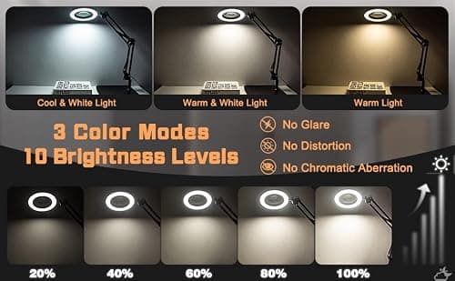 Jubor 2 en 1 Lampe de Bureau Loupe, 15X 10X Loupe avec Lumière et Support, Lampe Loupe LED avec Bras Pivotant, Lampe de Bureau avec 3 Modes de Couleurs Réglables pour Lecture, Réparation, Artisanat