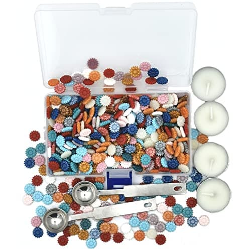 600 Pièces Perles de Cire à Cacheter Tournesol Sceaux de Cire avec 2 Cuillères de Fusion et 4 Bougies de Thé pour Sceller et Décorer des Lettres (Couleurs Mélangées)