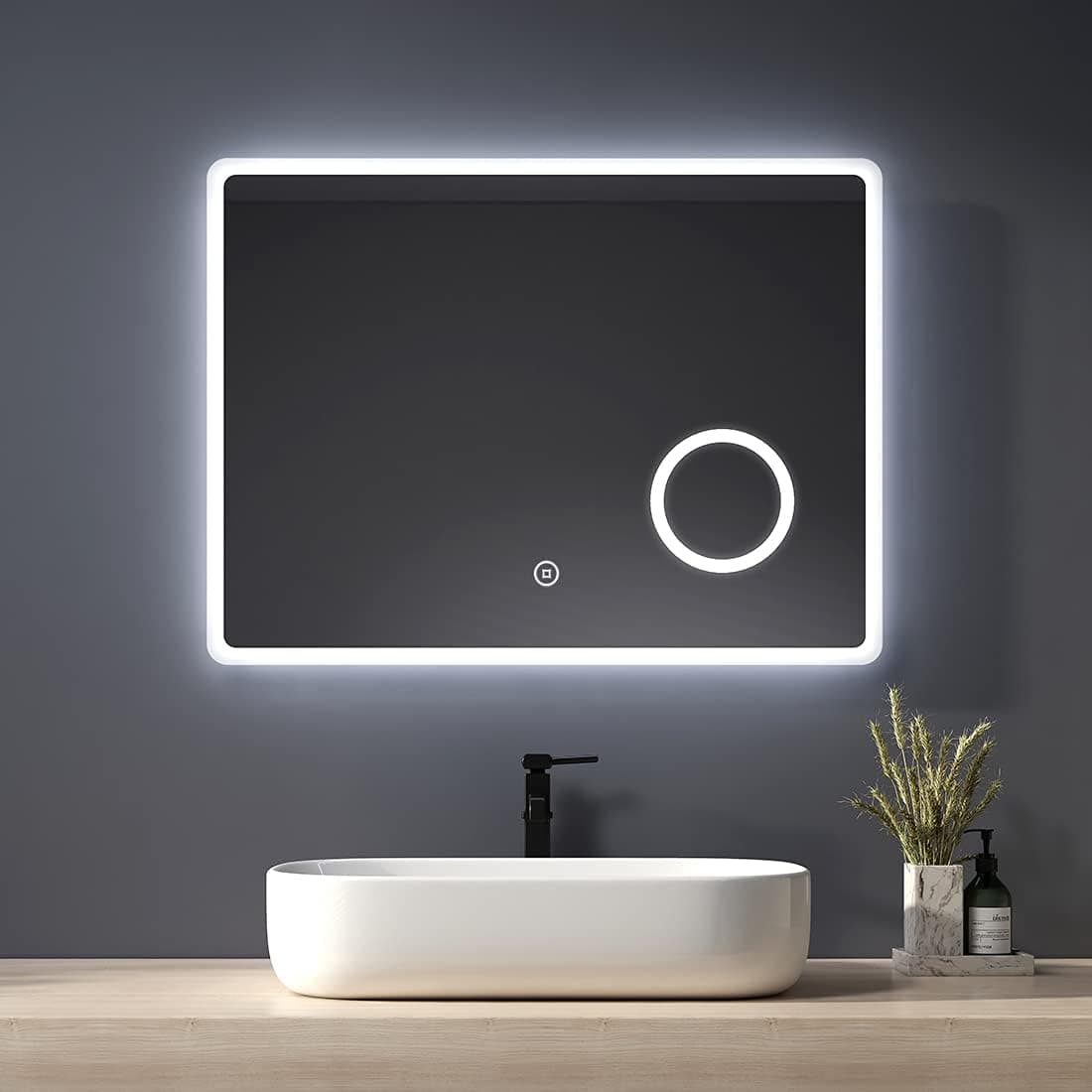 Heilmetz Miroir Salle de Bain 80 x 60 cm, Miroir Salle de Bain avec eclairage, Interrupteur Tactile, Anti-buée, Loupe 3X, 3 Couleurs de lumière, Horizontal/Vertical, Fonction Mémoire