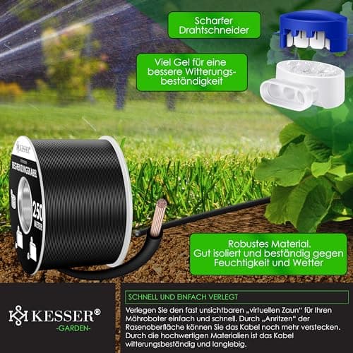 KESSER® Câble de délimitation de 250 m + 12 connecteurs de câble pour Robot Tondeuse à Gazon, kit d'accessoires Universel pour câble de Recherche Compatible avec Gardena, Bosch, Worx, Einhell, Honda,