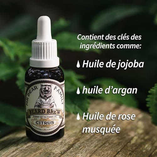 Huile barbe Hommes Mr Bear Family - Citron - Entretient la barbe - Huile pour pousse de la barbe hydratante à l’huile de Jojoba & d’Argan - Huile à barbe Hommes - Soin barbe hydratant Homme 30 ml