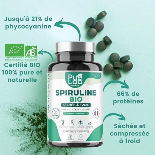 Spiruline Bio - 600 Comprimés Vegan, Cure 5 Mois - 21% Phycocyanine, 66% Protéines - Séchée à Froid - Antioxydant, Energie, Immunité - Sans Excipient ni Additif - Fabriqué en France