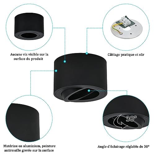 Gleonlux LED Spot en saillie, Spots de Plafond Orientable 30°, Ultra-plats Plafonnier Ø80x50mm, Luminaire plafonnier aluminium Noir mat, Apparent Downlight Lampe Pour modules LED,ampoule non incluse