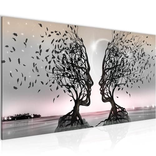 Runa Art Tableau Decoration Murale - Couple d'Amoureux - Moderne Toile non Tissée - Salon Salle - Abstrait Arbre Gris Rose - 044812b
